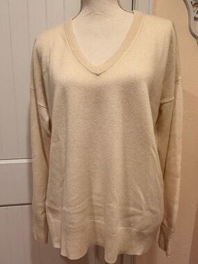 100% Cashmere Drop Shoulder V-Neck Sweater M Ivory Oversized Equipment Femme